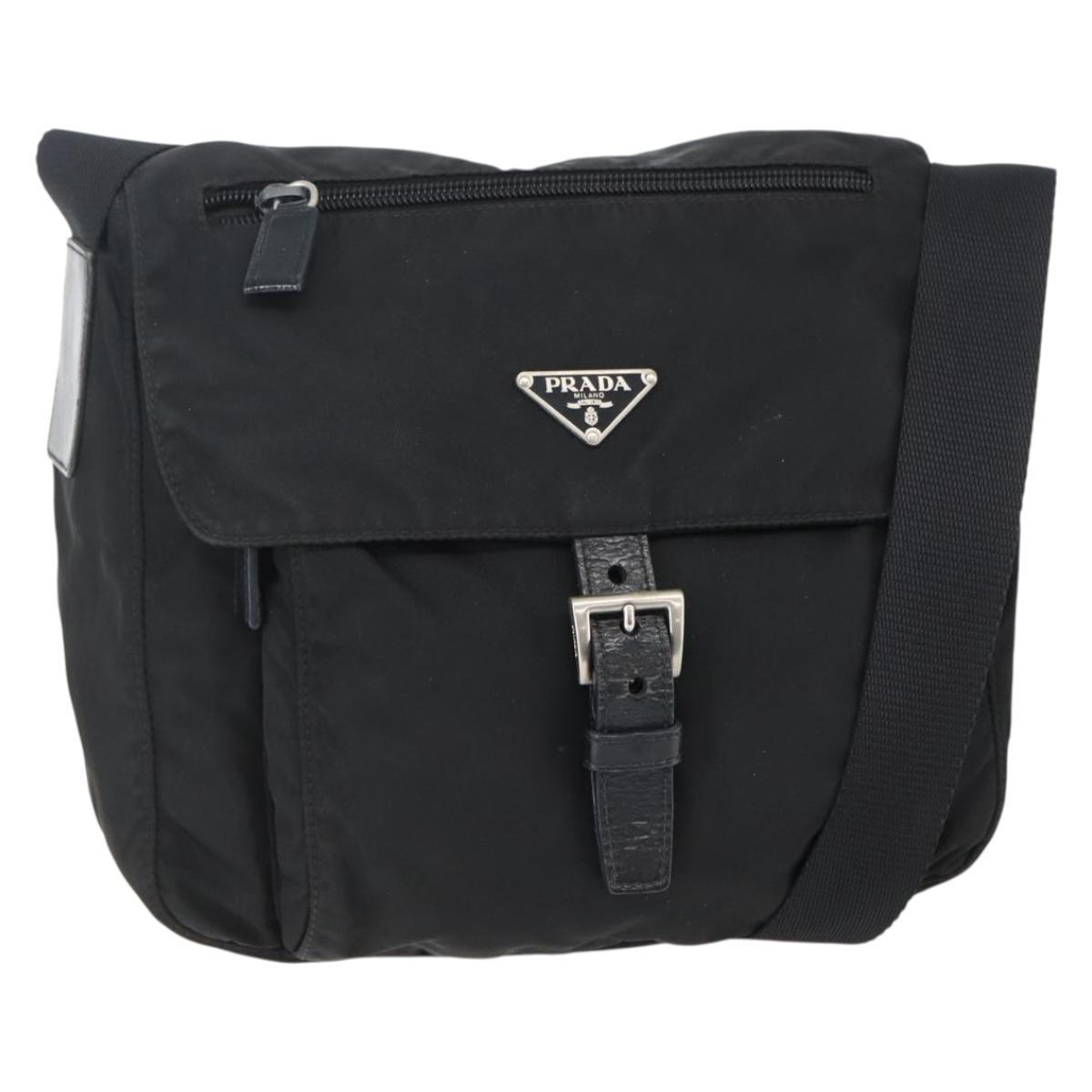 Prada Chain Shoulder Bag Nylon Black Silver Auth 142007